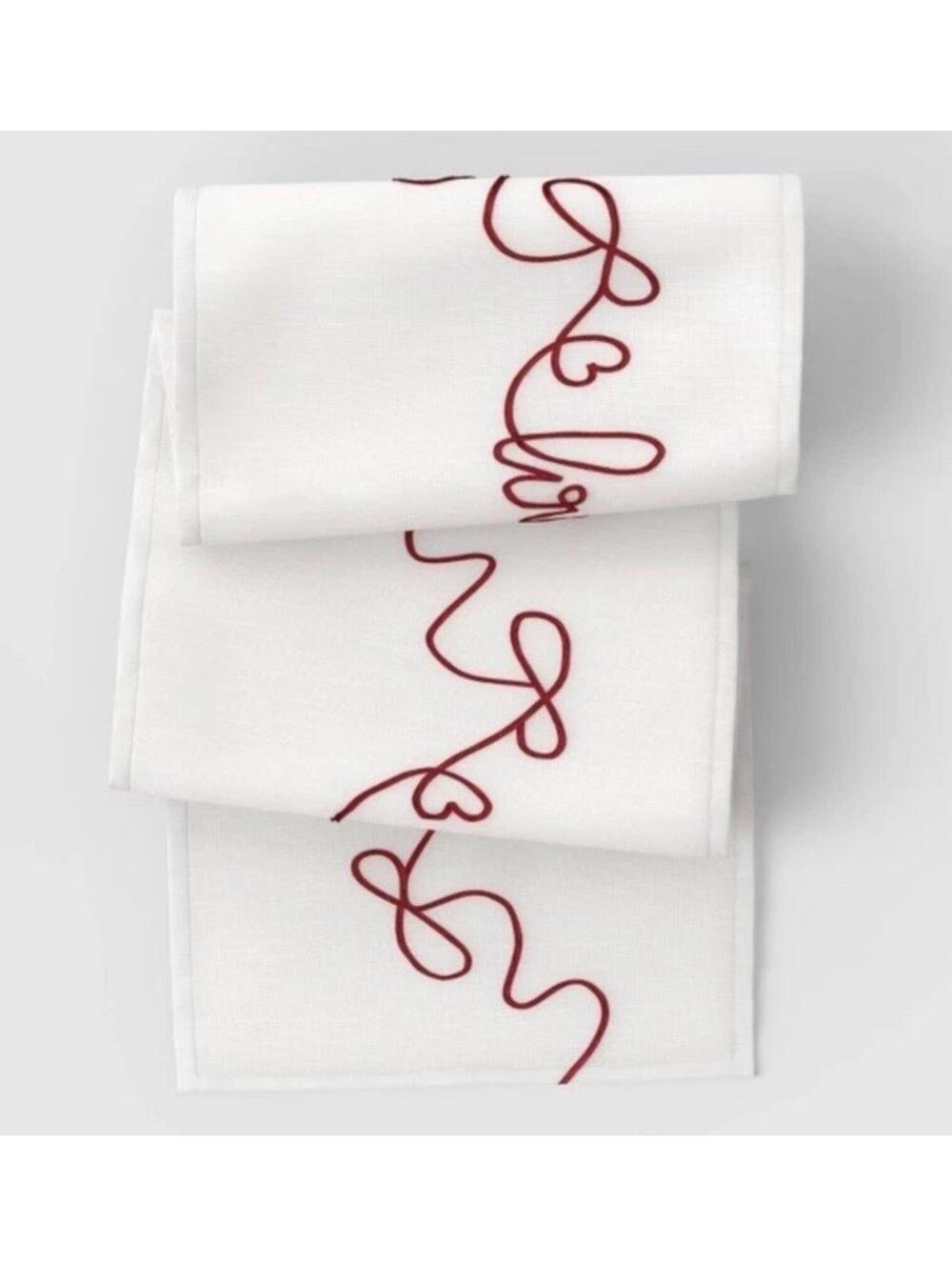 Nwt Threshold Red & White Bow Ribbon Heart Table Runner 14" X 72"